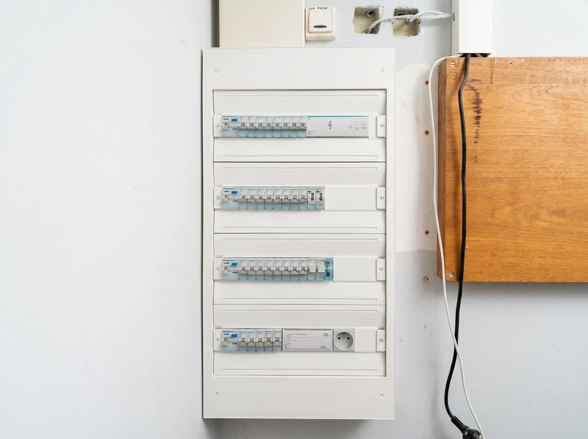 Main d'un technicien manipulant un disjoncteur différentiel sur tableau électrique professionnel
