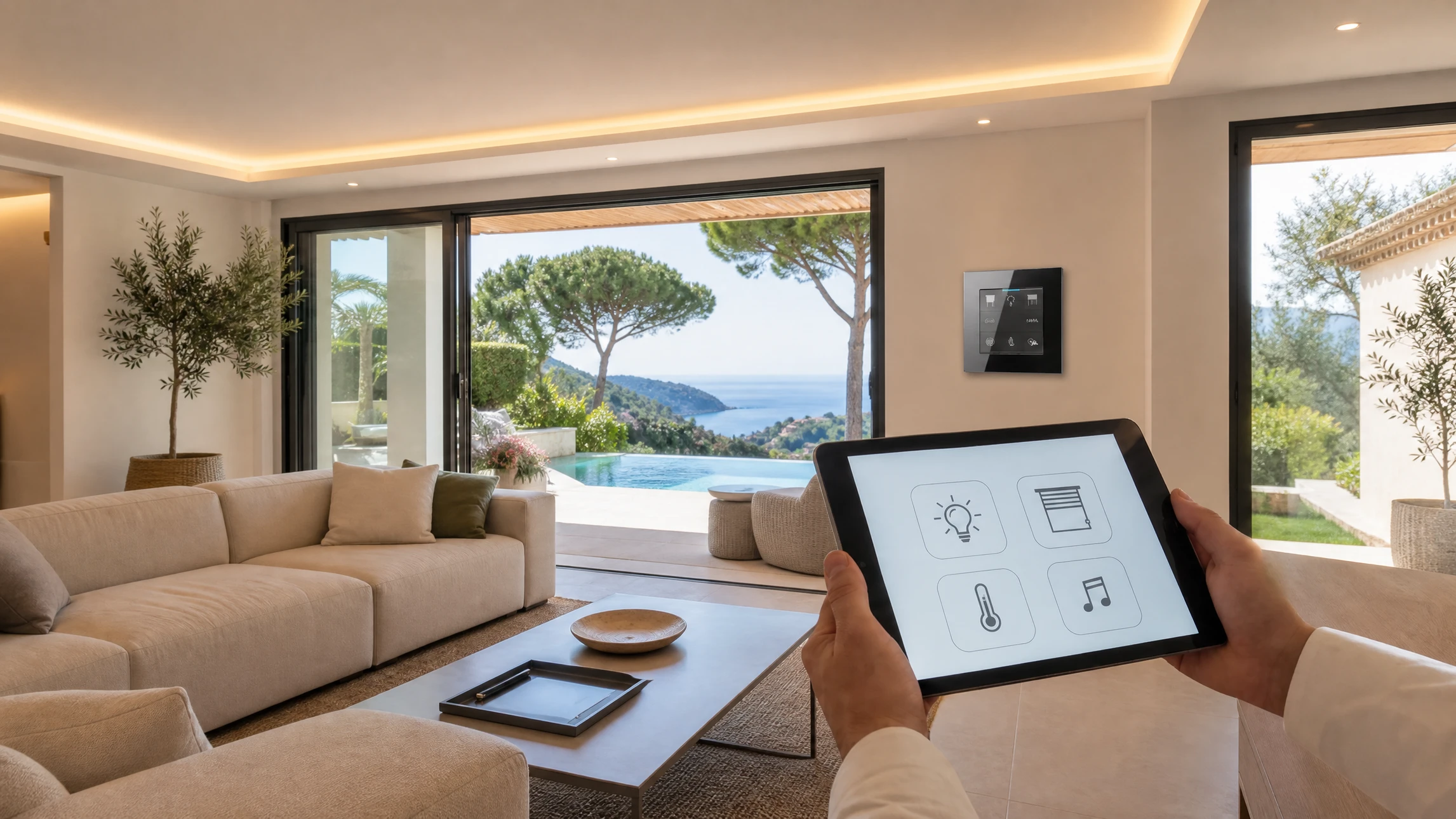 Photographie d'intérieur moderne montrant une main ou une personne utilisant un smartphone ou une tablette pour contrôler les éléments domotiques visibles dans un salon contemporain : éclairage ambiant réglable, stores intelligents partiellement fermés, thermomètre connecté visible, tous dans un contexte résidentiel chaleureux et réaliste. L'accent doit être mis sur la technologie KNX discrètement intégrée à l'habitat, sans interface holographique ou fantaisiste.