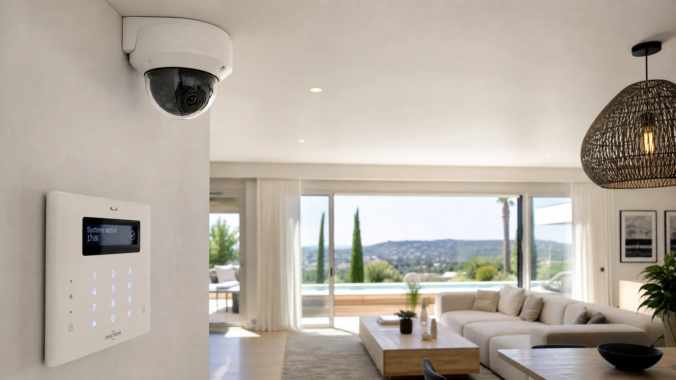Scène extérieure résidentielle avec caméra de surveillance professionnelle au premier plan surveillant une propriété privée