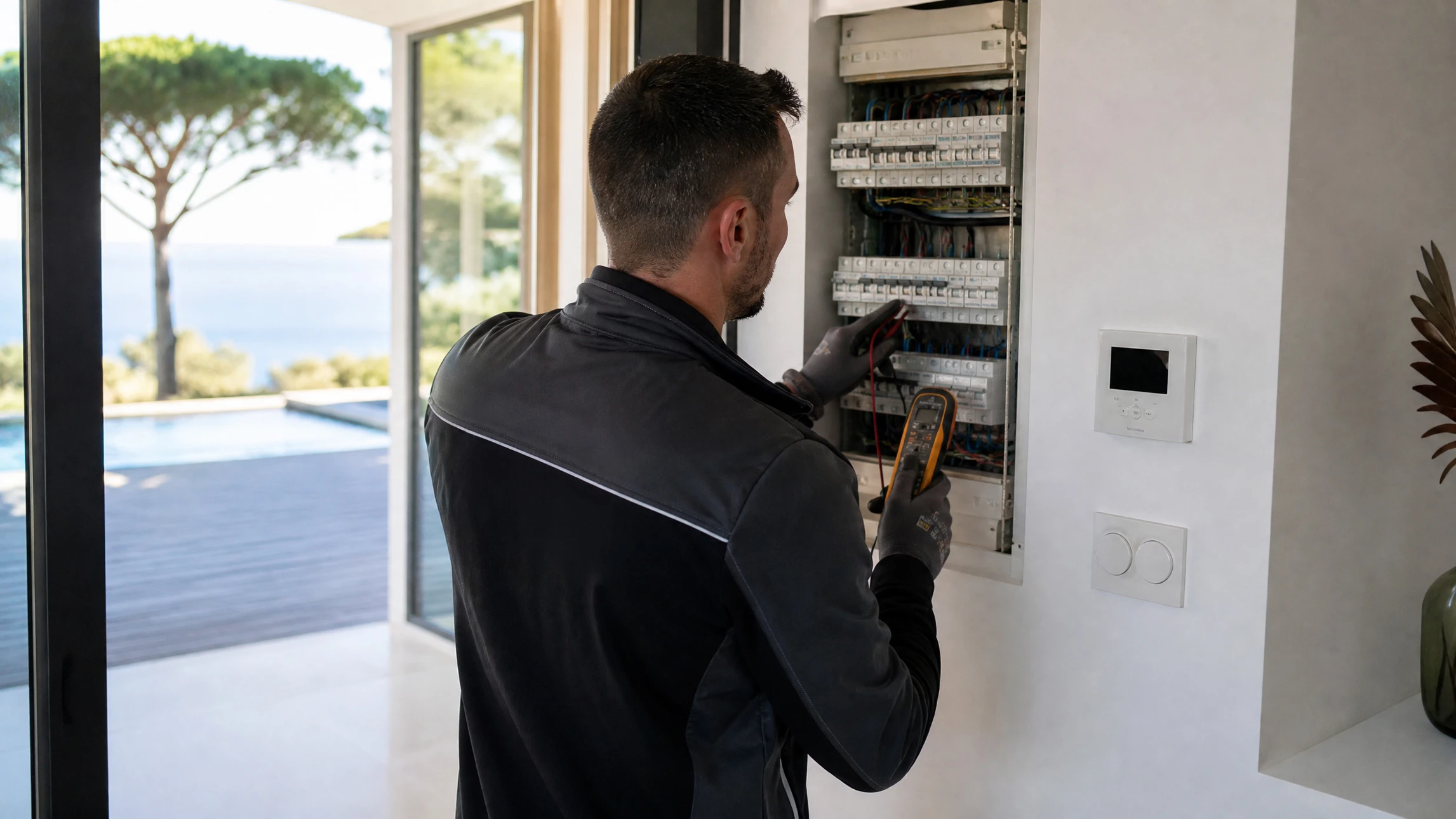 Électricien professionnel en tenue de travail avec gants blancs intervenant sur un tableau électrique industriel